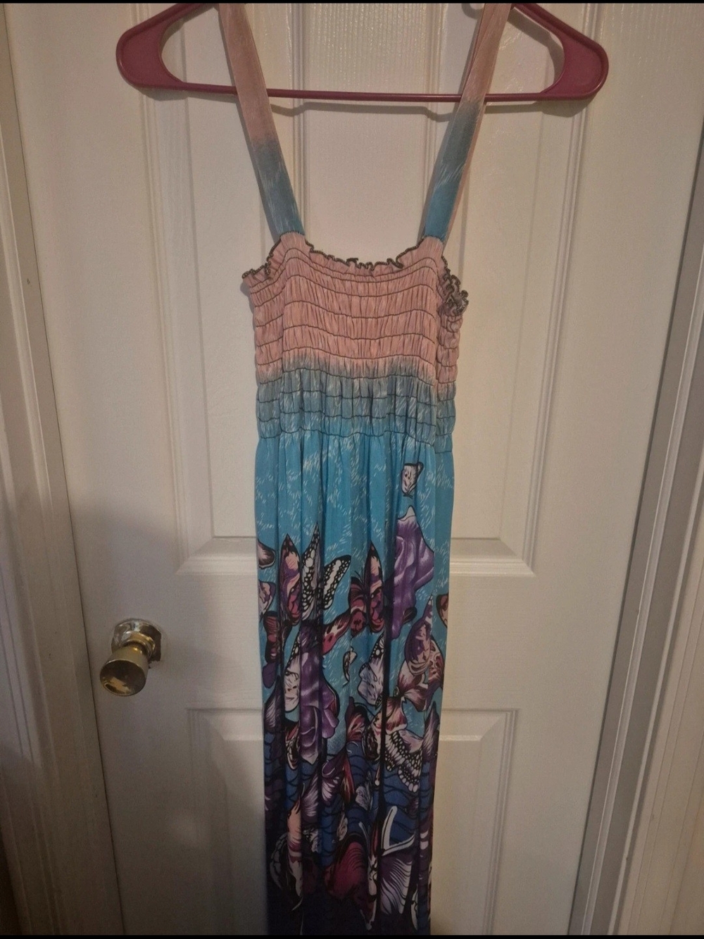 Source Unknown Pink and Blue Floral Butterfly Smocked Maxi Dress